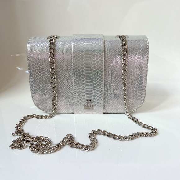$495 NEW Loriblu Italy Leather Silver AB Reptile Finish Medium Shoulder Bag - Picture 5 of 16